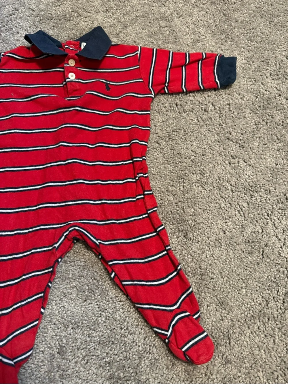 Ralph Lauren red, white, and navy blue horizontal striped cotton baby onesie ⬇️